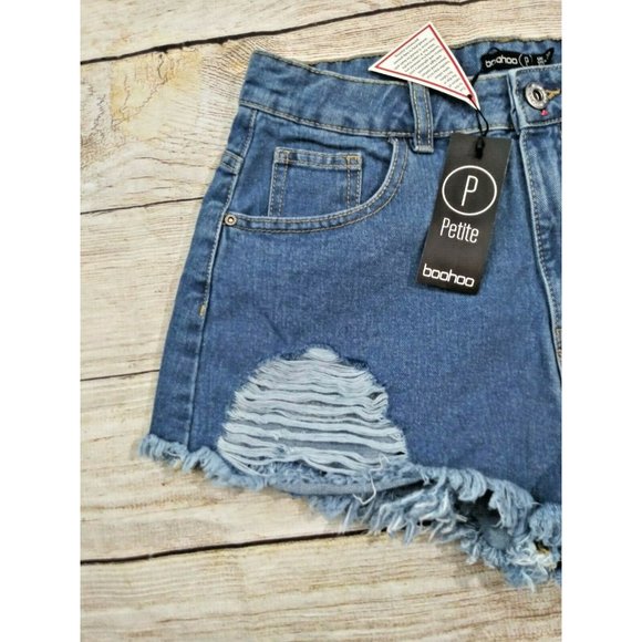 New Boohoo All Laddered High Waist Denim Mom Shorts Mid Wash 12P Distressed NWT - Picture 4 of 9